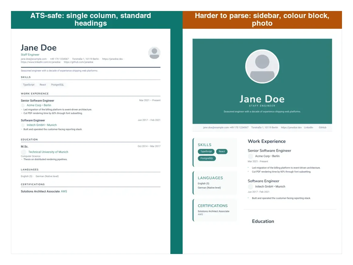 Side-by-side comparison: an ATS-safe single-column resume with standard headings next to a sidebar layout with a colour block and photo that is harder for an ATS to parse.