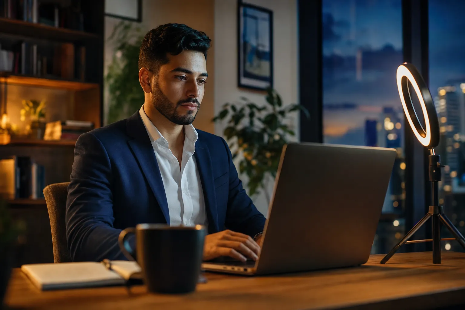 A professional dressed in a solid blue shirt on a video call at a well-lit home-office desk