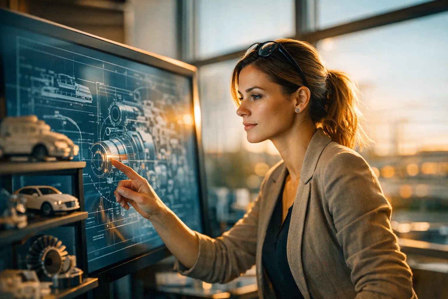Engineer reviewing technical blueprints at a modern engineering firm