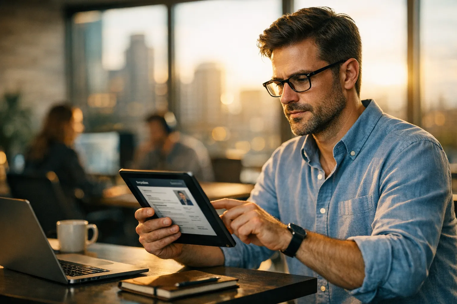 Professional comparing resume builder tools on tablet in modern workspace
