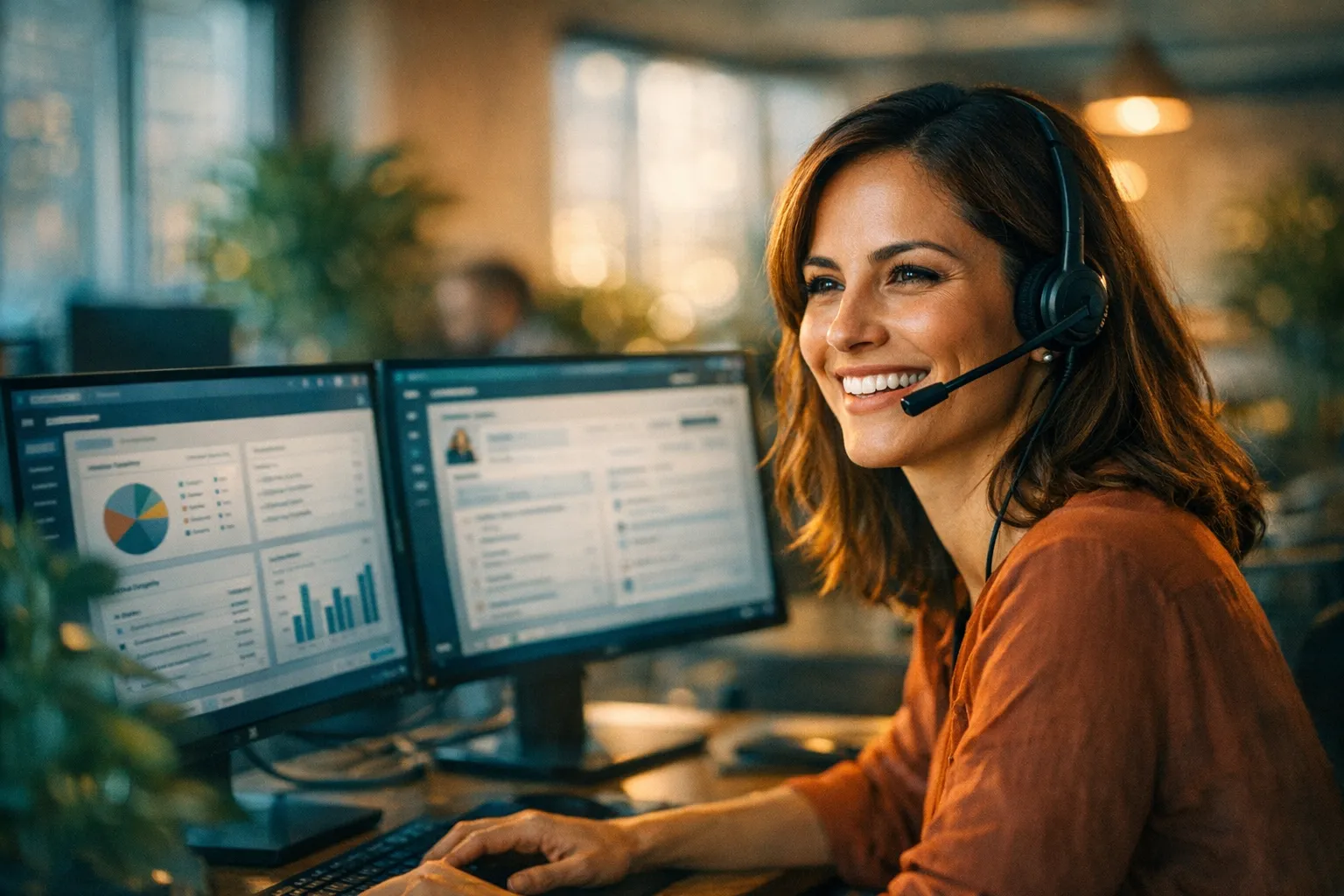 Customer service representative helping a client with a warm professional demeanor