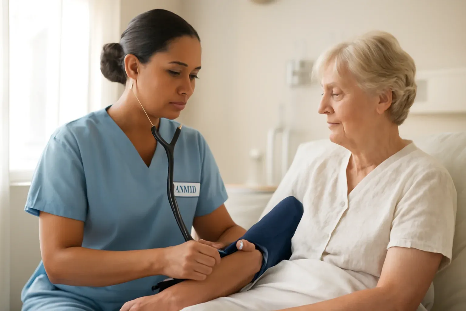 Certified nursing assistant caring for a patient in a healthcare facility