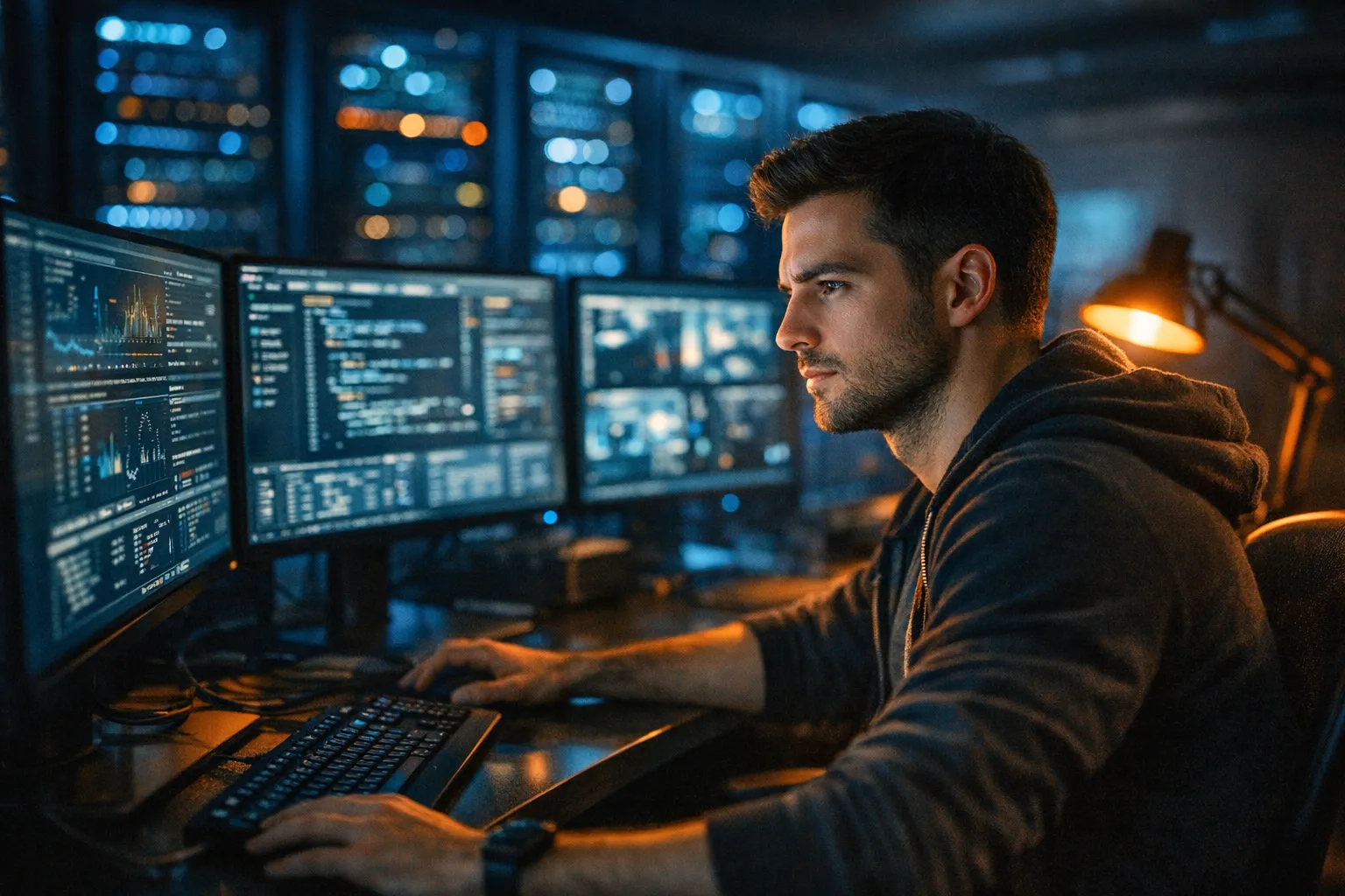 IT professional monitoring server infrastructure in a modern data center