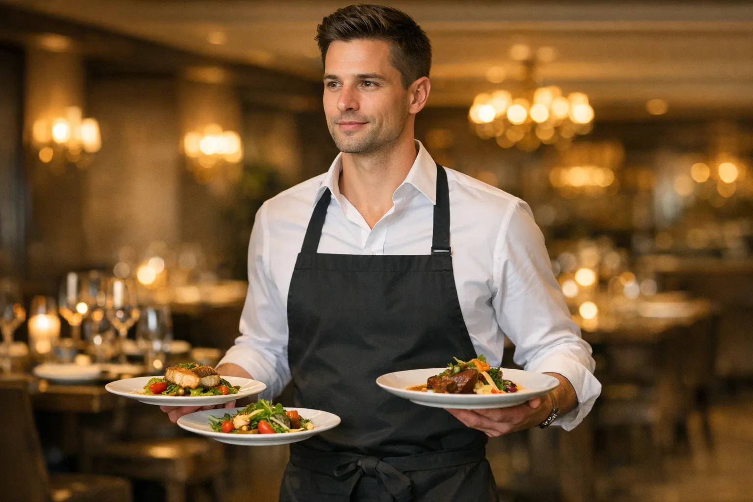 Professional server presenting dishes at an upscale restaurant