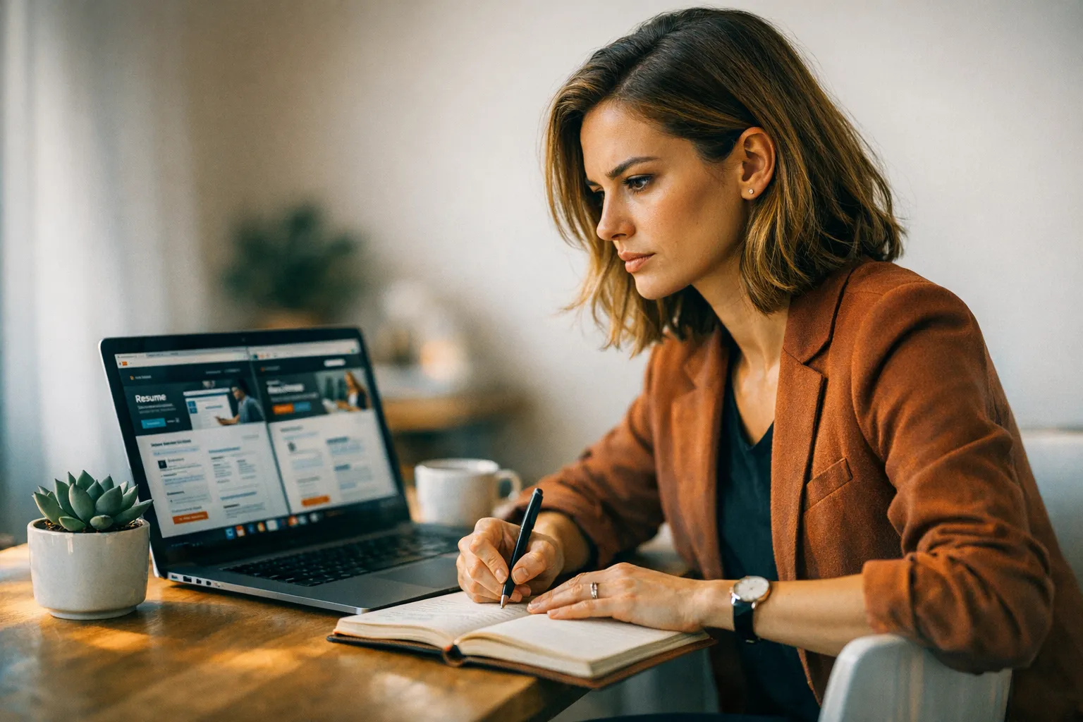 Professional evaluating resume builder options on a laptop screen