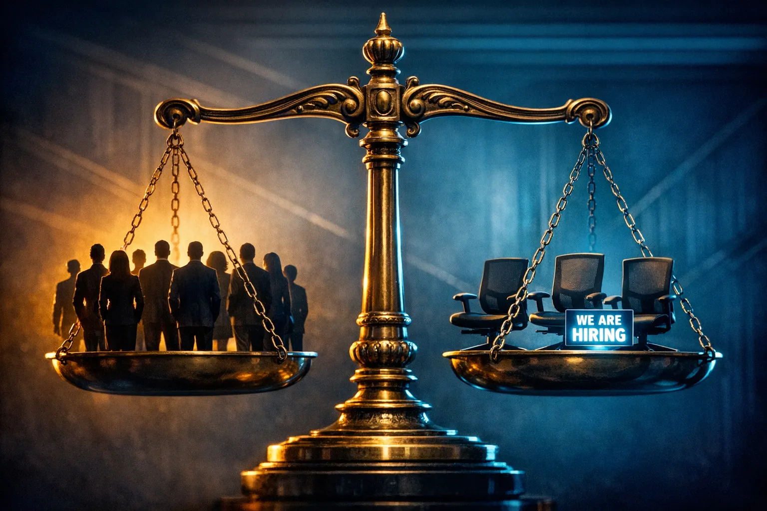 Une balance en laiton avec des chercheurs d'emploi à gauche et des chaises de bureau vides à droite, les deux côtés également lourds, sur fond bleu marine avec éclairage cyan