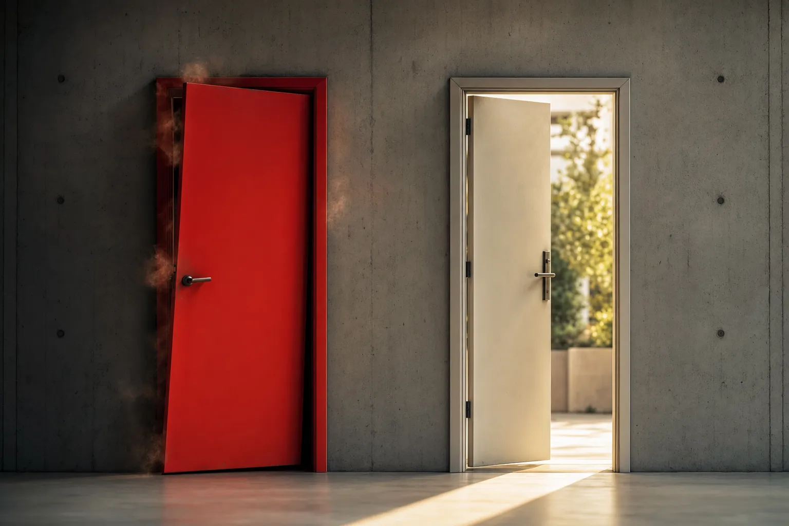 Two doors side by side: a slammed red door marked as a loud revenge quit, and a calmly open door with light behind it representing a smarter exit.