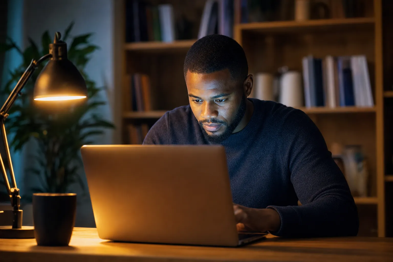 A job applicant reviewing a job application on a laptop in the evening, his face lit by the glow of the screen