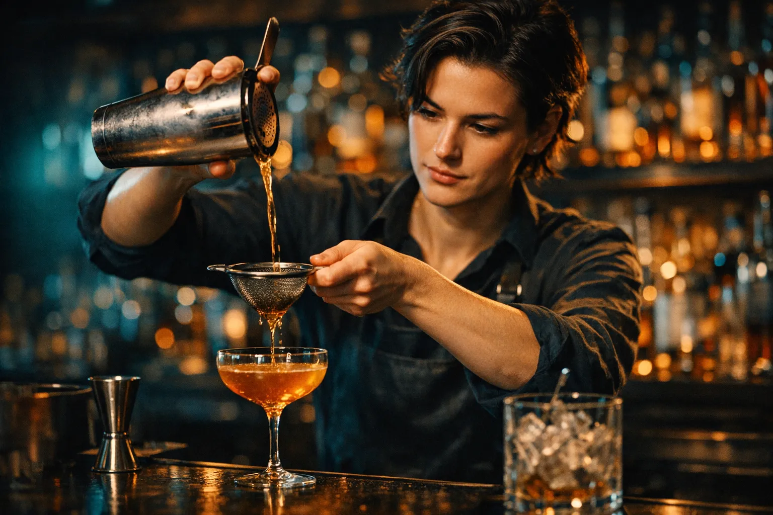 Skilled bartender crafting a cocktail at an upscale bar