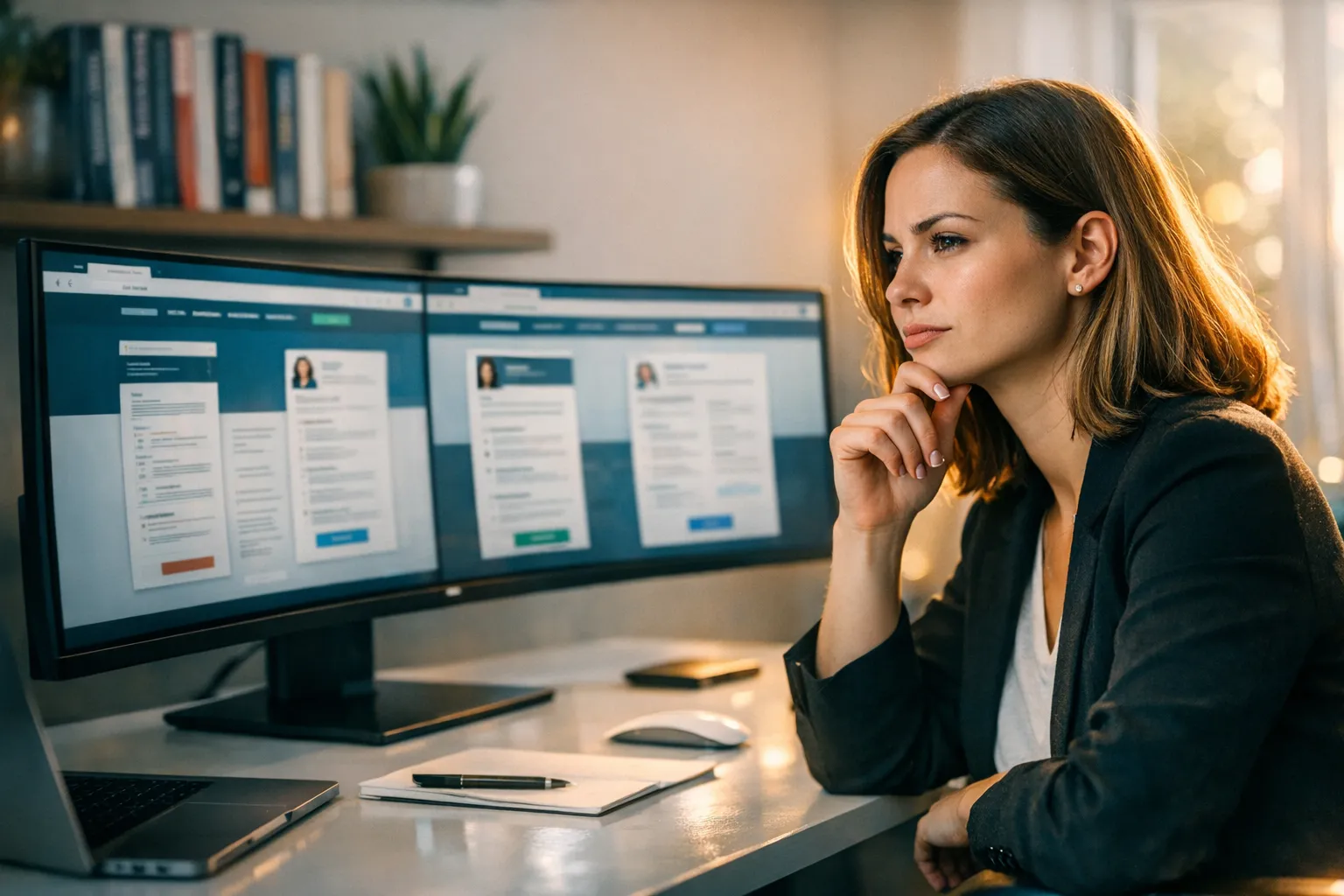 Professional reviewing resume builder options on a laptop in a modern office