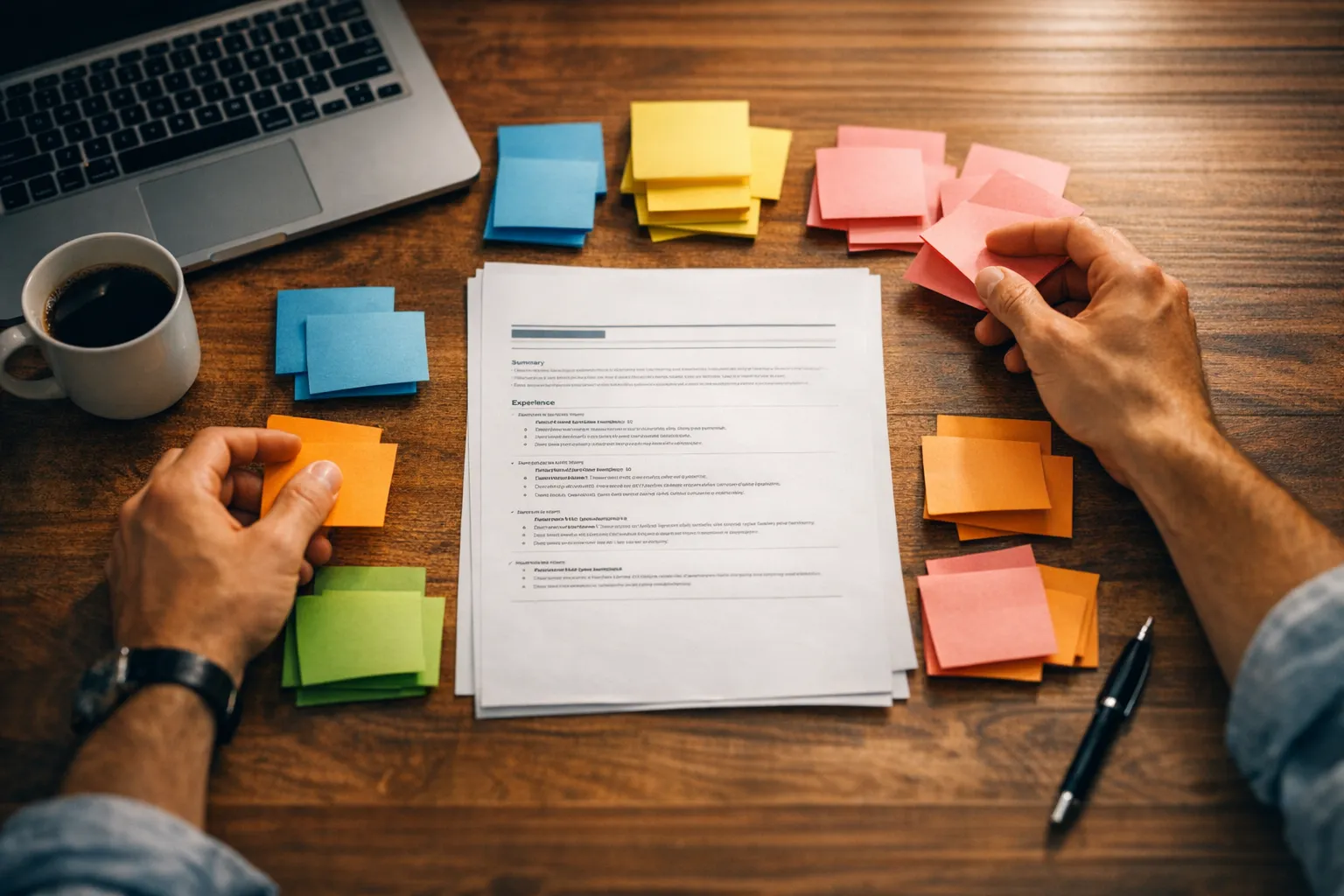 Professional organizing skill cards on a desk while crafting a resume