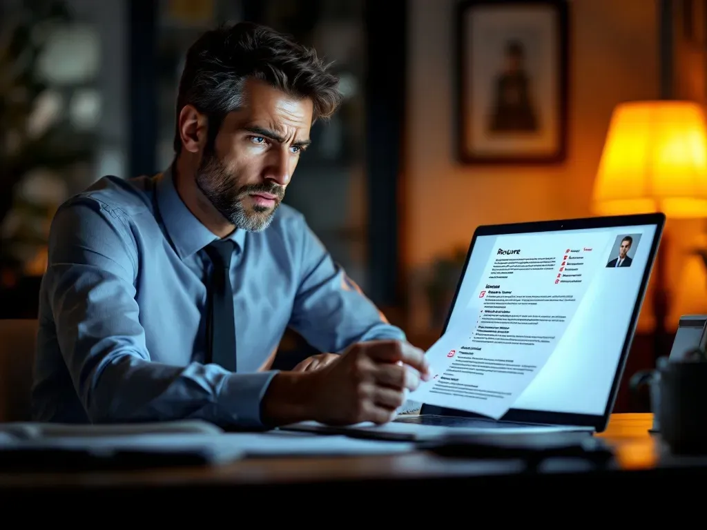 A professional workspace where a person is reviewing a resume with a concerned expression, considering how ResuFit could help optimize their application for better job search results.