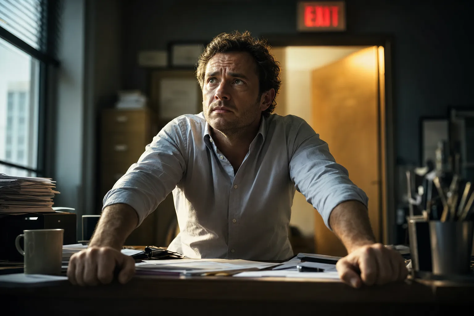 A person gripping the edge of an office desk like a life raft while behind them an open door spills warm light into the room, a red exit sign glowing above it.