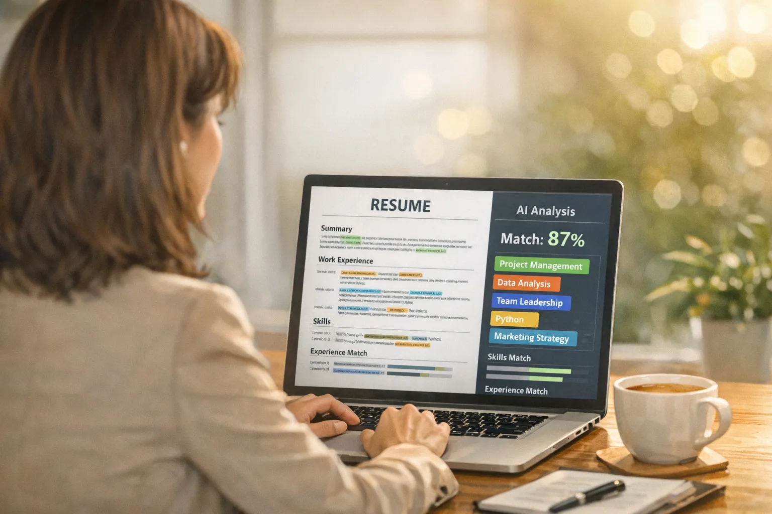 Professional woman at a laptop reviewing a resume with AI analysis overlay showing match score and highlighted keywords