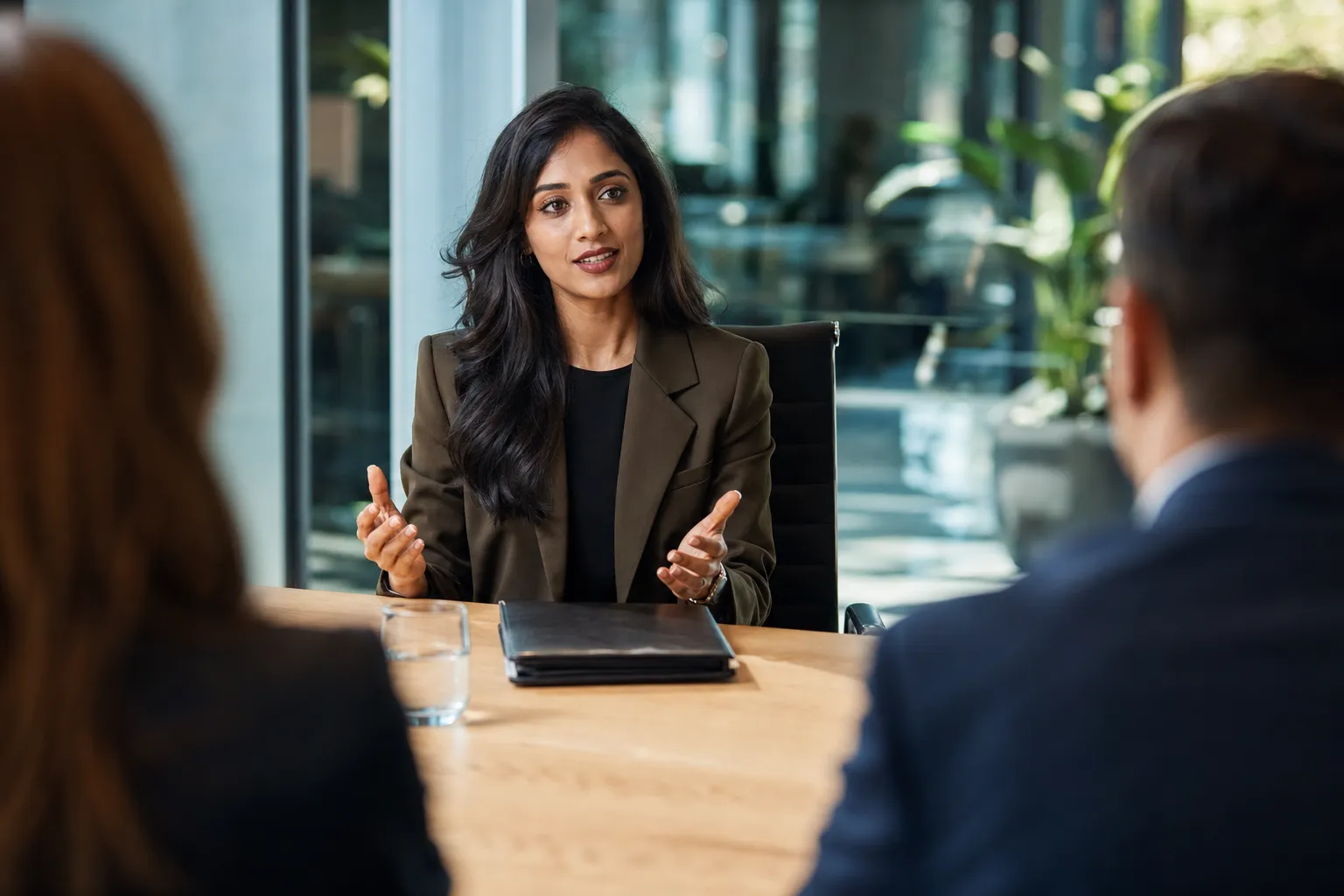 A confident job candidate answering questions across the table from a small hiring panel in a bright office during a second-round interview