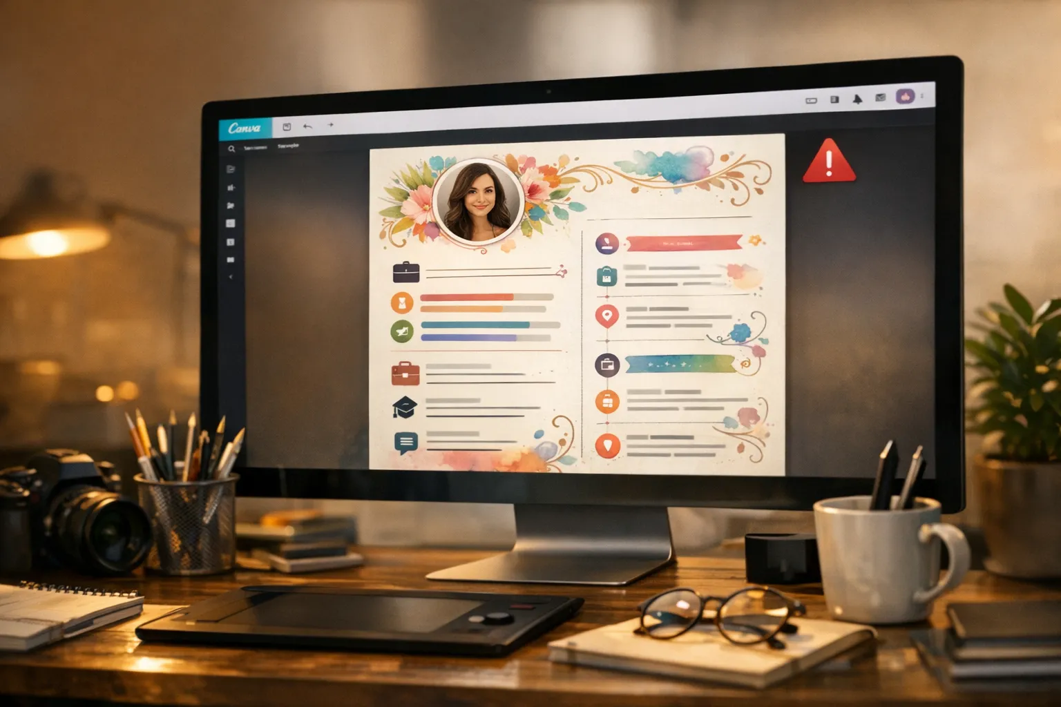 Designerin erstellt einen visuell beeindruckenden Lebenslauf in Canva auf einem großen Bildschirm