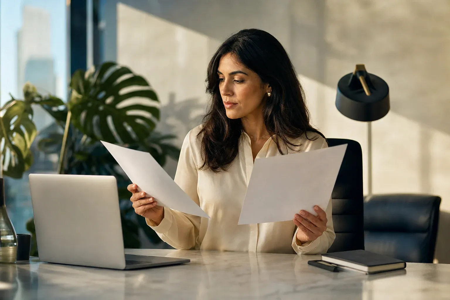 A professional comparing two printed resumes at a marble desk in a bright modern office, laptop beside her, warm morning light from the window