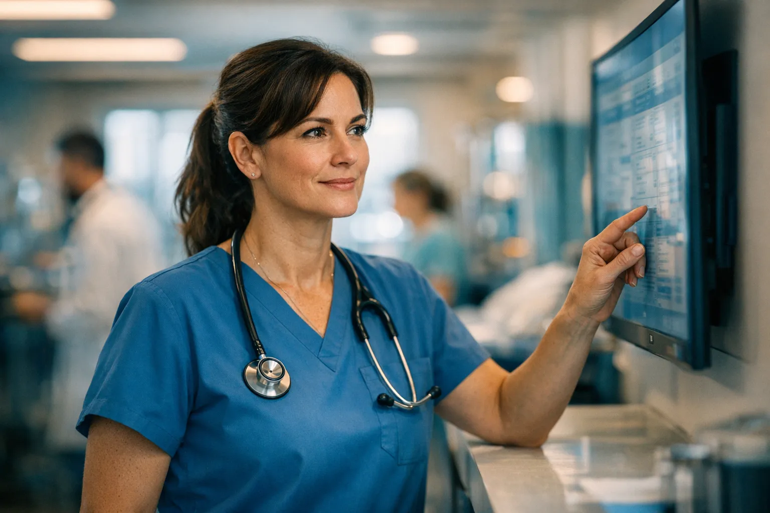 Experienced nurse reviewing charts at a hospital nursing station