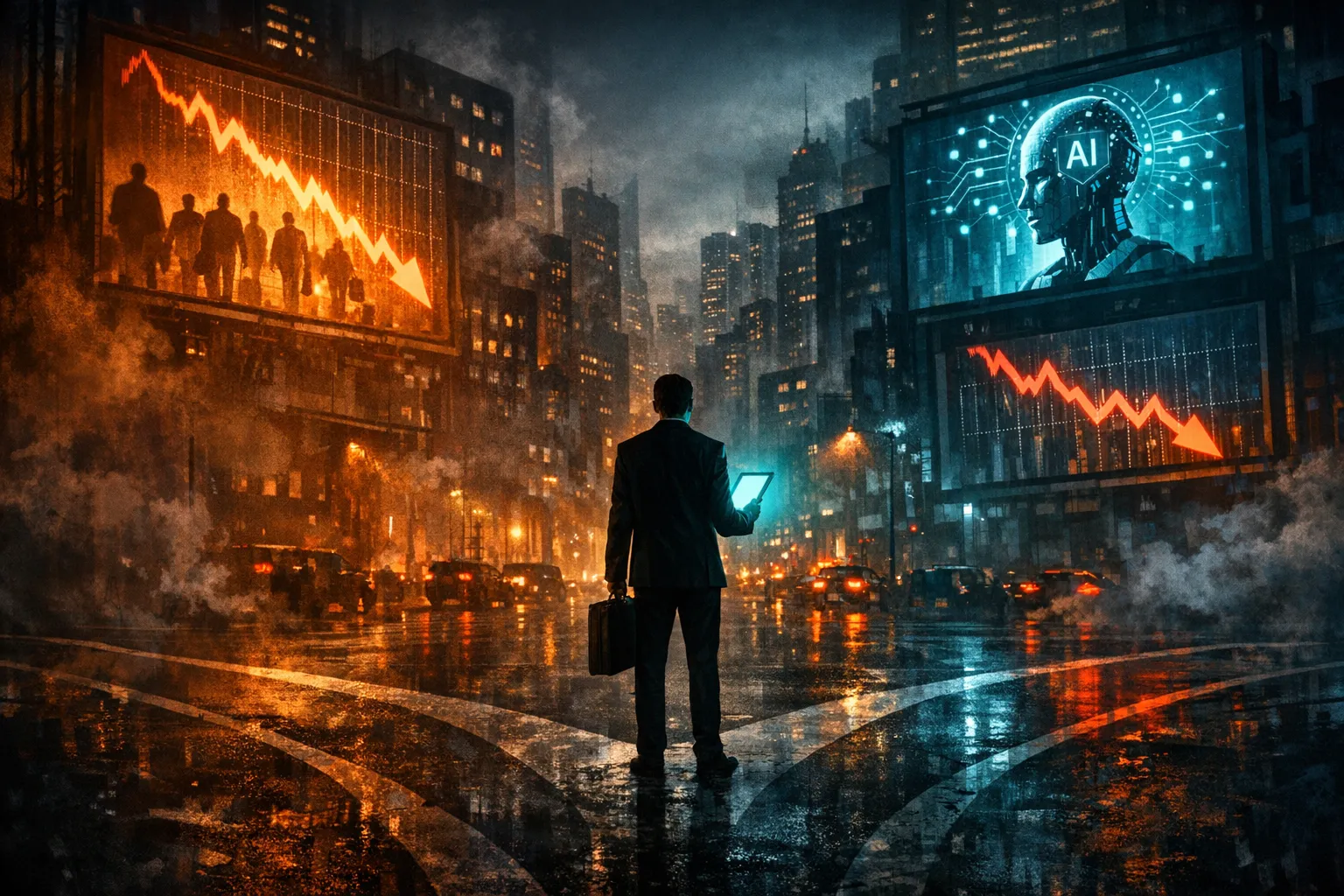 A lone job seeker standing at a crossroads in a futuristic cityscape, with digital screens showing hiring and layoff headlines