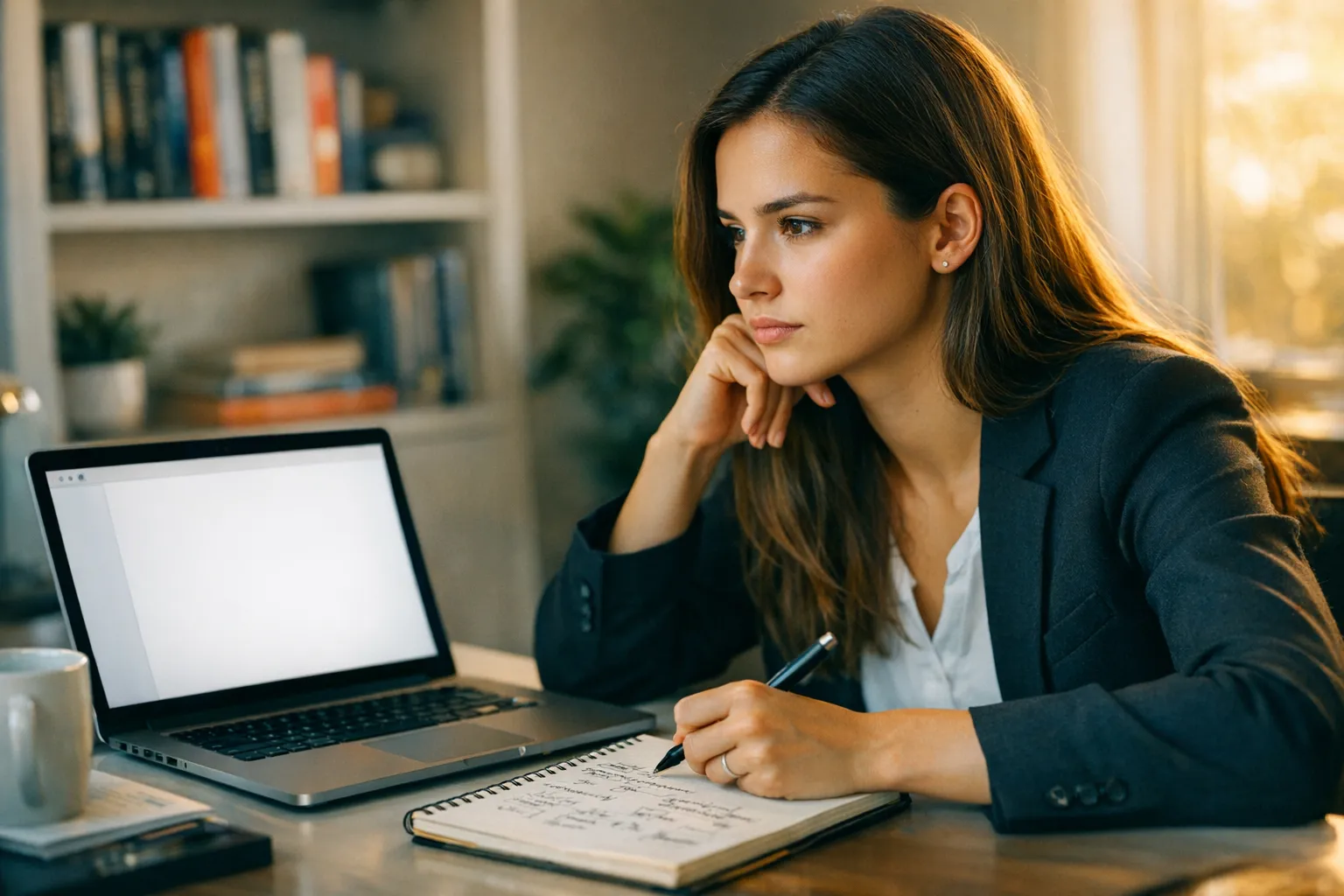 Person starting to write a resume at a clean desk with notes and laptop