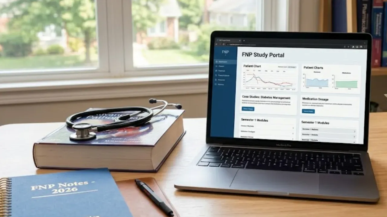 A laptop showing an online FNP study portal beside a stethoscope on an advanced pathophysiology textbook and an FNP Notes 2026 notebook on a desk by a window.