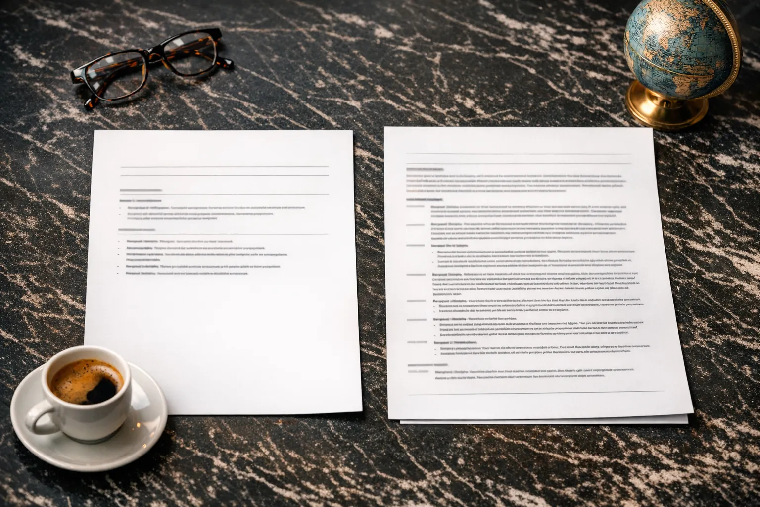 Two professional documents side by side on a desk showing CV and resume formats