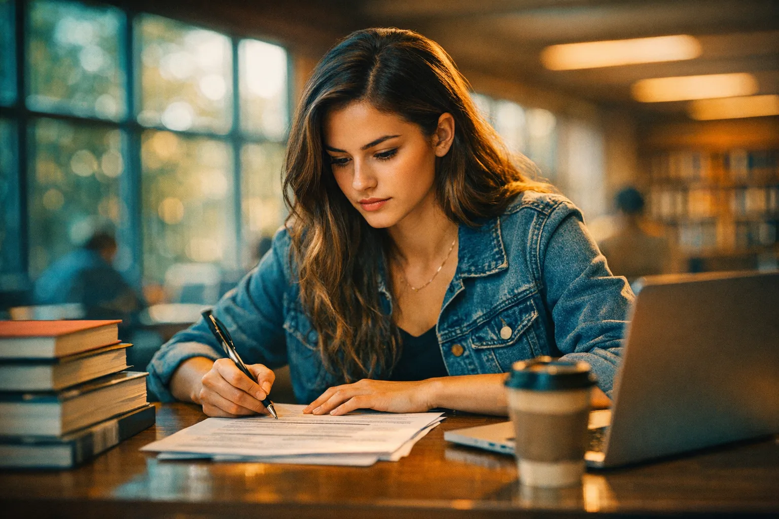 College student working on their resume at a university library