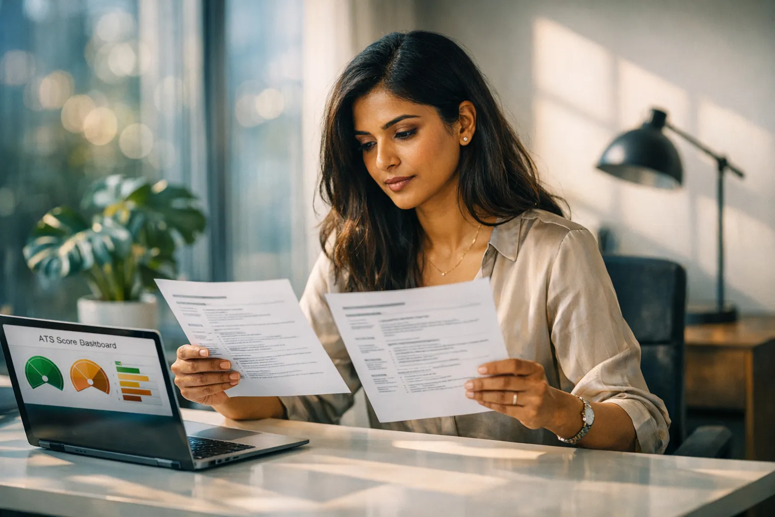 A professional reviewing AI-generated resume variations on a laptop screen in a modern office with warm lighting