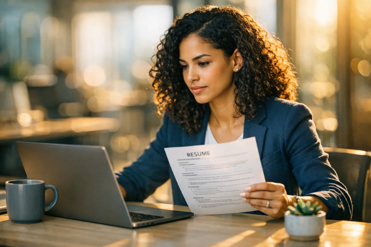 Professional reviewing an AI-generated resume on a laptop screen at a modern desk with warm lighting