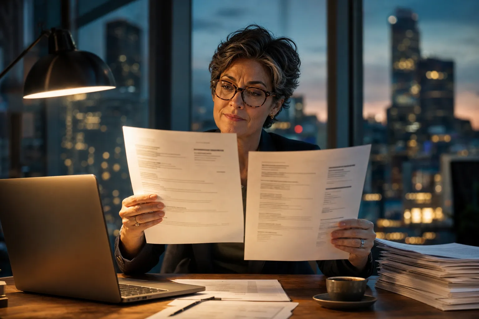 A recruiter at a desk comparing two printed resumes side by side under warm lamp light, looking skeptical