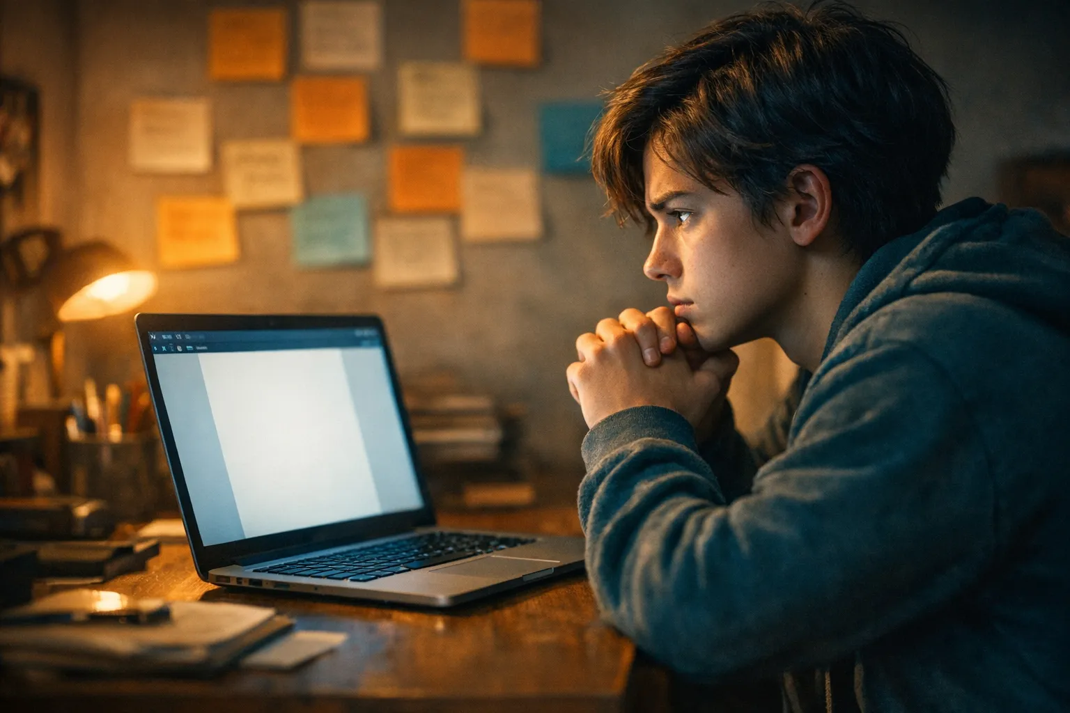 Young person confidently preparing their first resume at a home desk