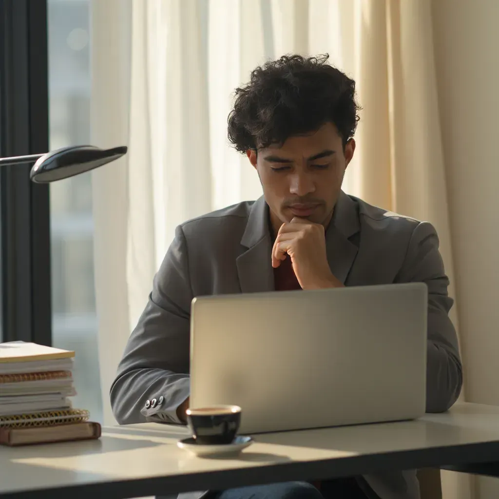 A thoughtful professional looking at a laptop screen with a contemplative expression, sitting at a modern workspace.