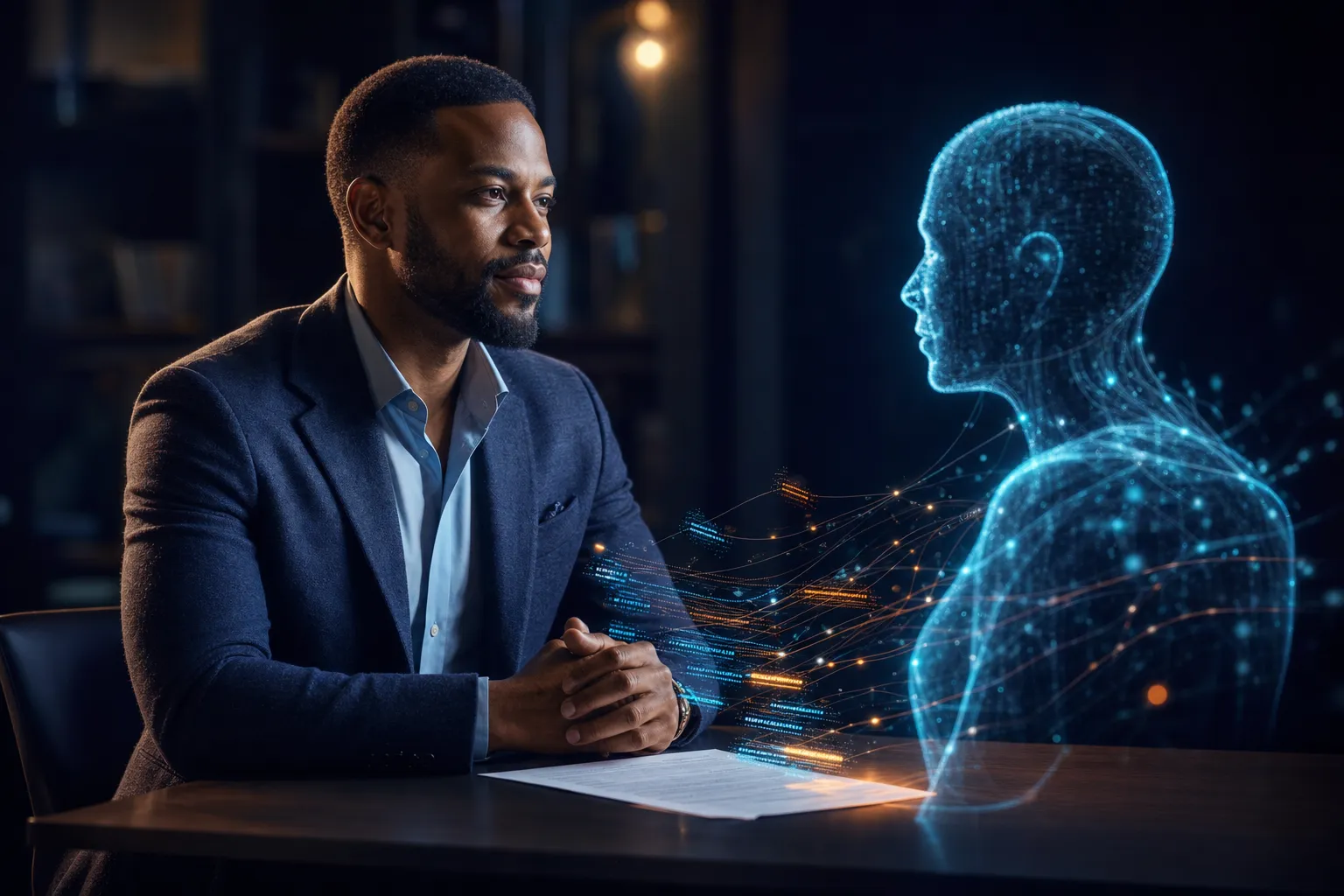A job candidate sits calmly at a dark table facing a glowing, semi-transparent AI figure made of cyan data-light, while individual key phrases from his resume rise off the page as bright points