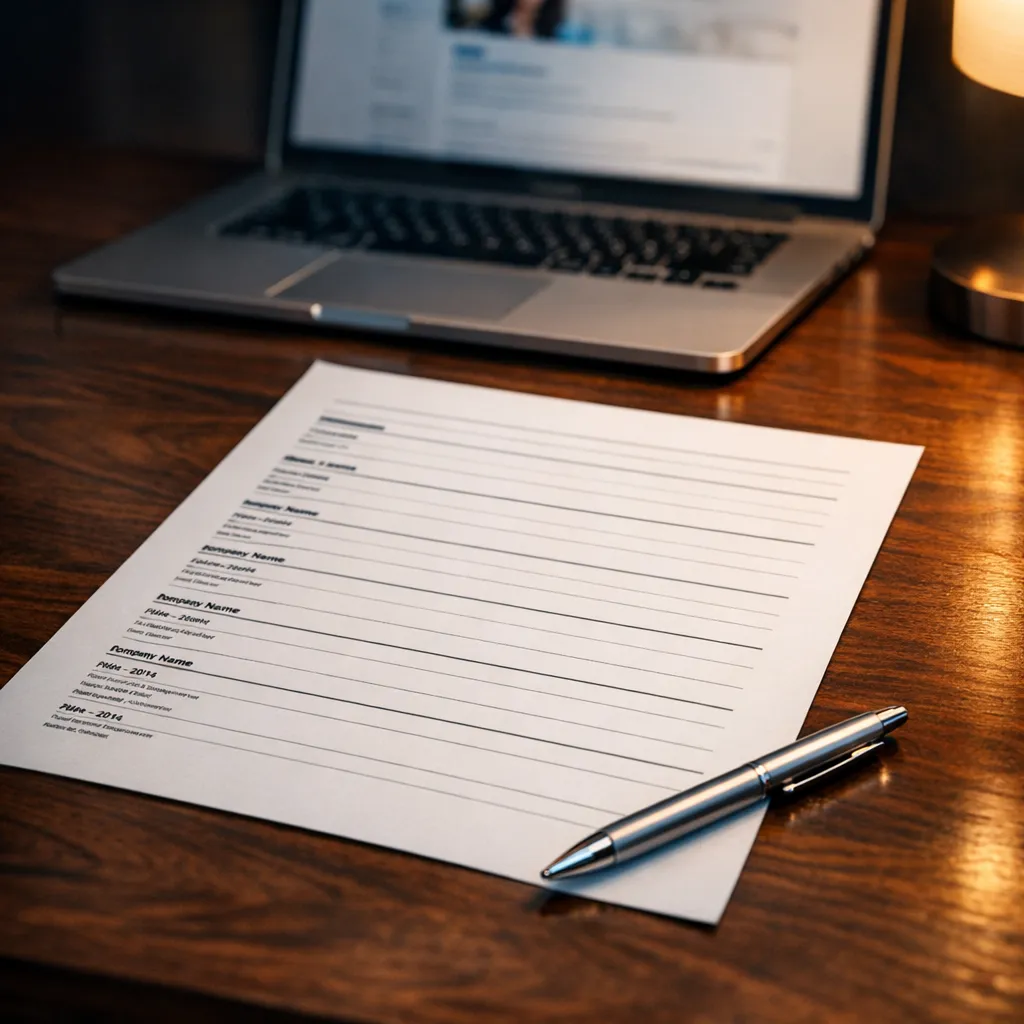 Professional chronological resume layout on a desk with a pen and laptop