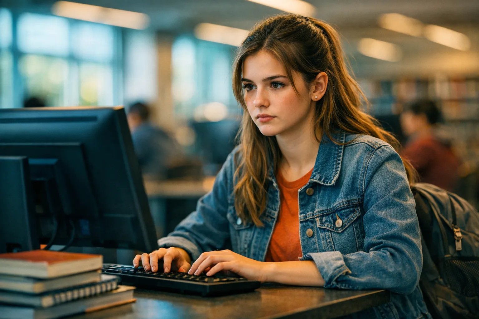 High school student working on their first resume at a library computer