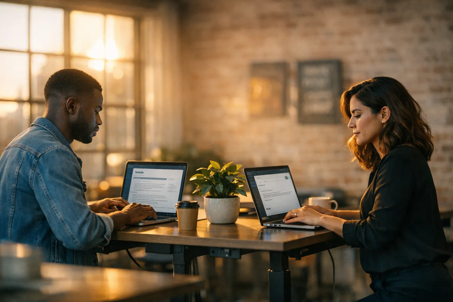 Two professionals at adjacent desks working on laptops, one reviewing a resume and the other composing an outreach email
