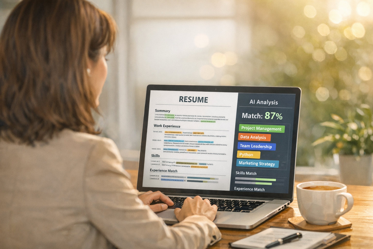 Interface digital mostrando análise de IA de um currículo com indicadores de pontuação e palavras-chave destacadas