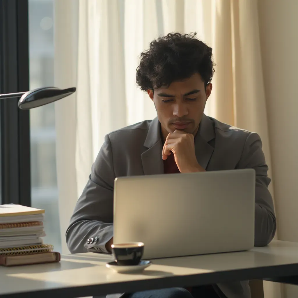 Profesional reflexivo mirando la pantalla de un portátil con expresión contemplativa, sentado en un moderno espacio de trabajo.