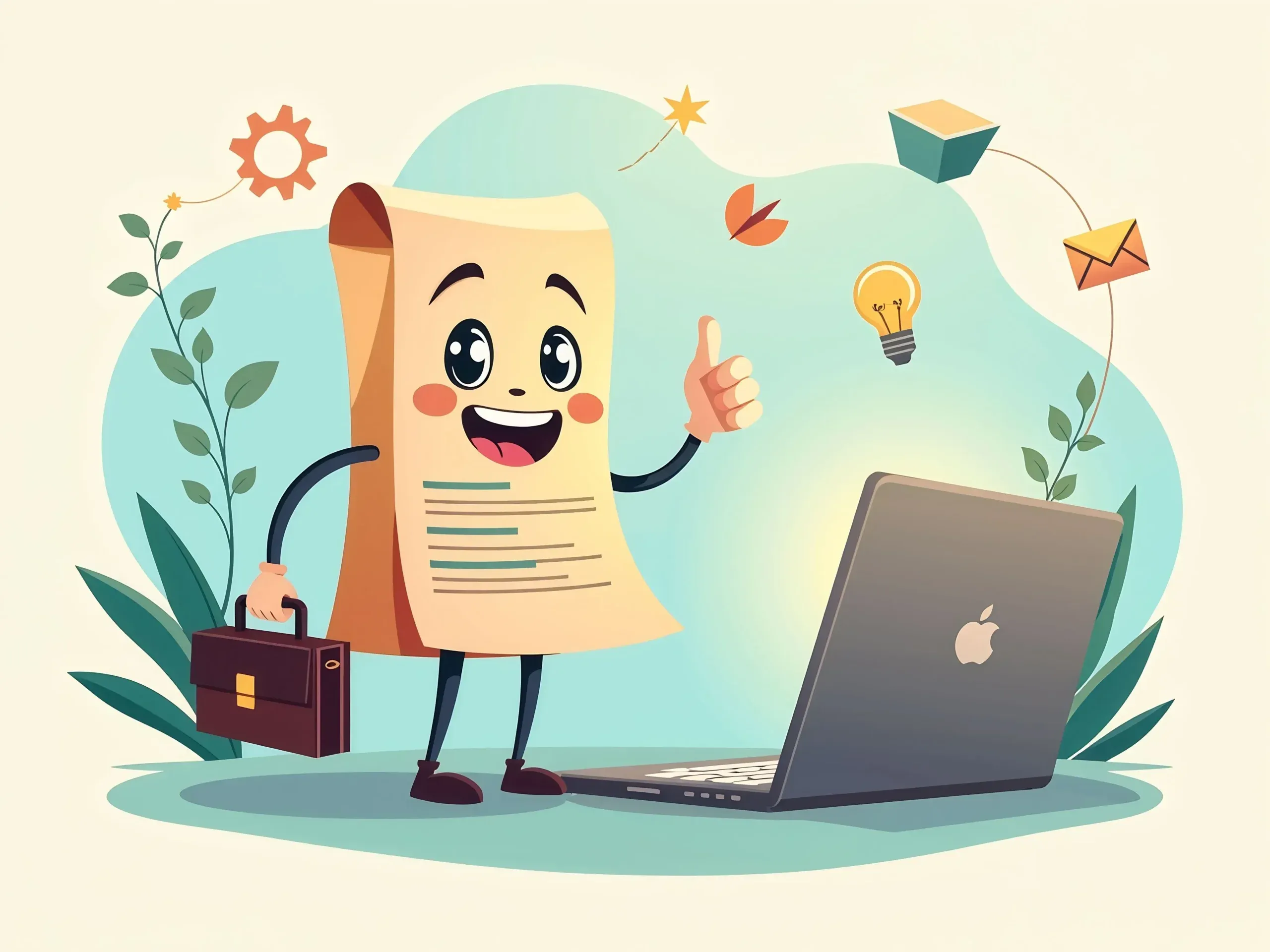 A warm, inviting illustration of a smiling paper resume character with friendly cartoon eyes and a simple smile.